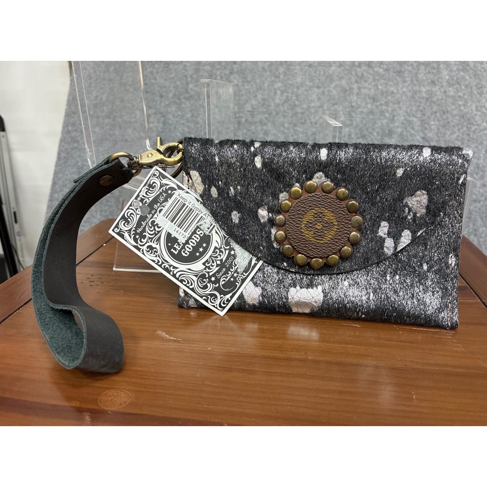 Keep It Gypsy Upcycled Cowhide Wristlet Clutch Patch Silver